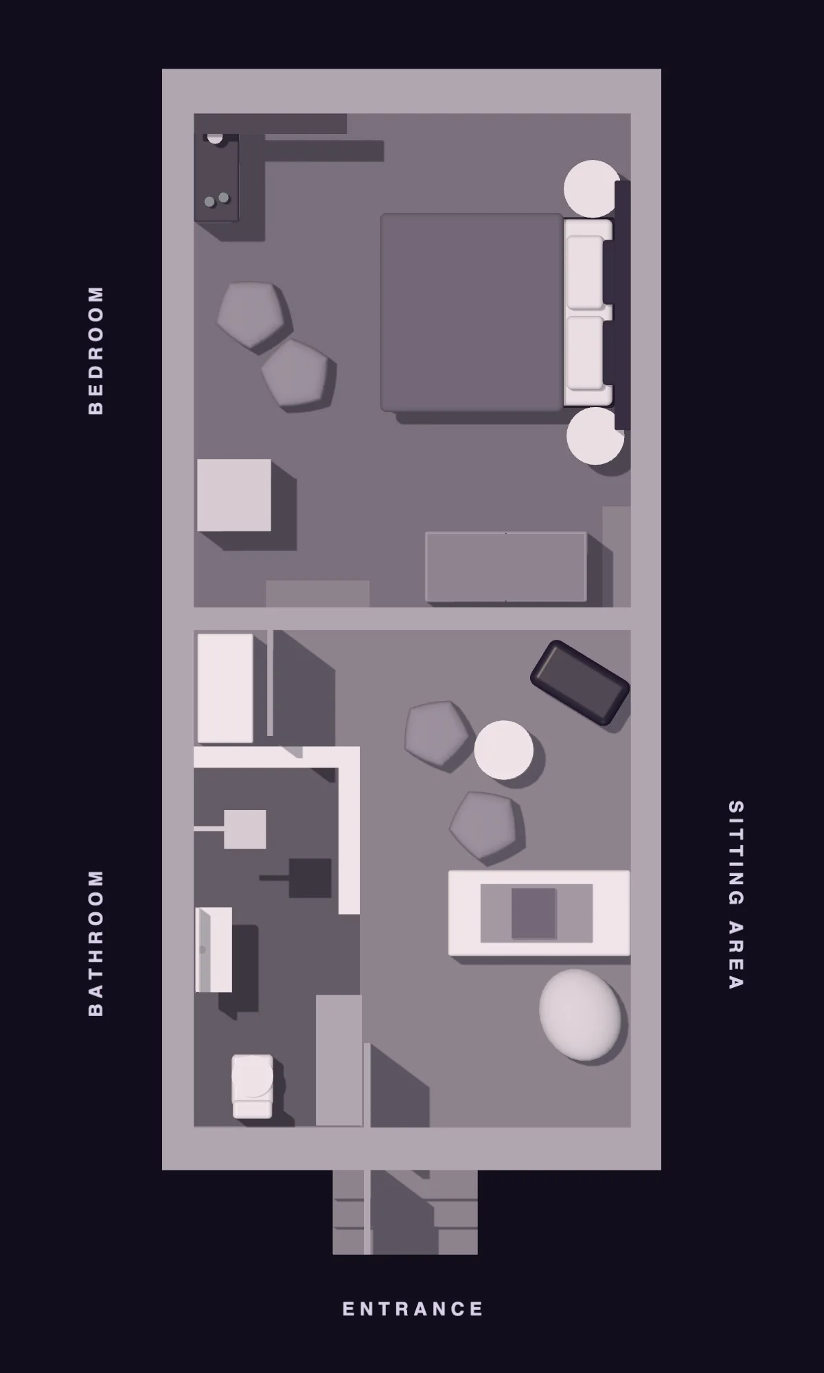 The room in plan: a bedroom at the top, a bathroom and a sitting area below, and the entrance at the foot.