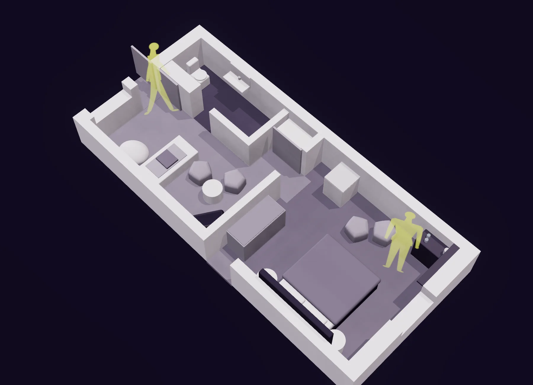 The same layout from the north-east: the bedroom in the foreground, the sitting area and the bathroom beyond, and the entrance at the far end.