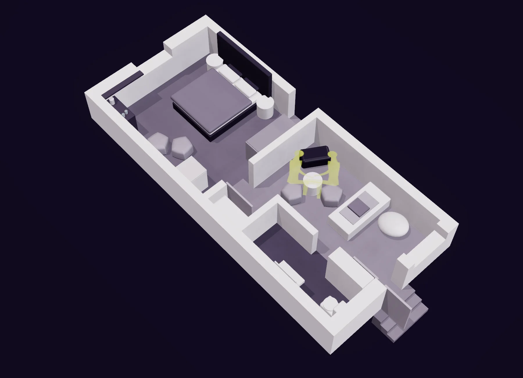 The layout in three dimensions, from the south-west: the bedroom with its wide bed, the sitting area, and the bathroom behind its low screen.