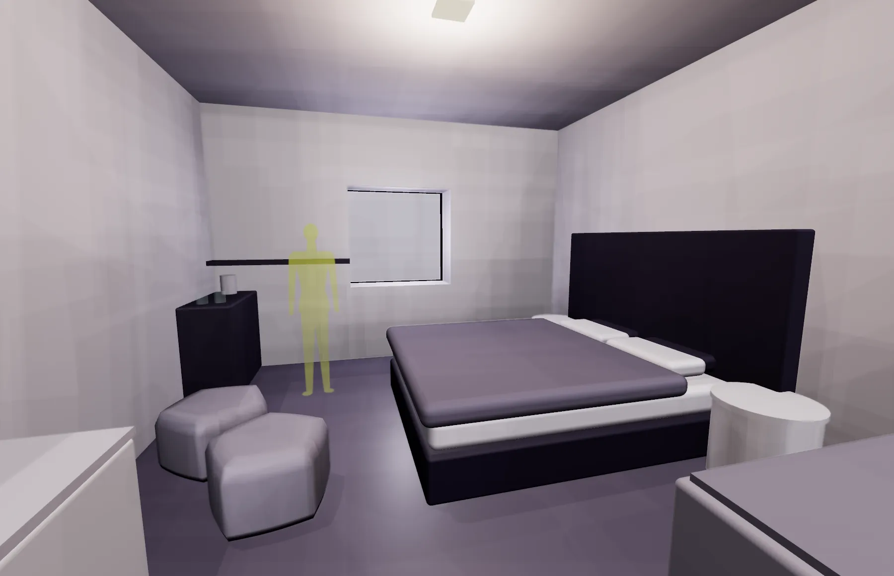 The bedroom: a wide bed against a tall headboard, two pouffes, a small cabinet, and a counter with a shelf above it.