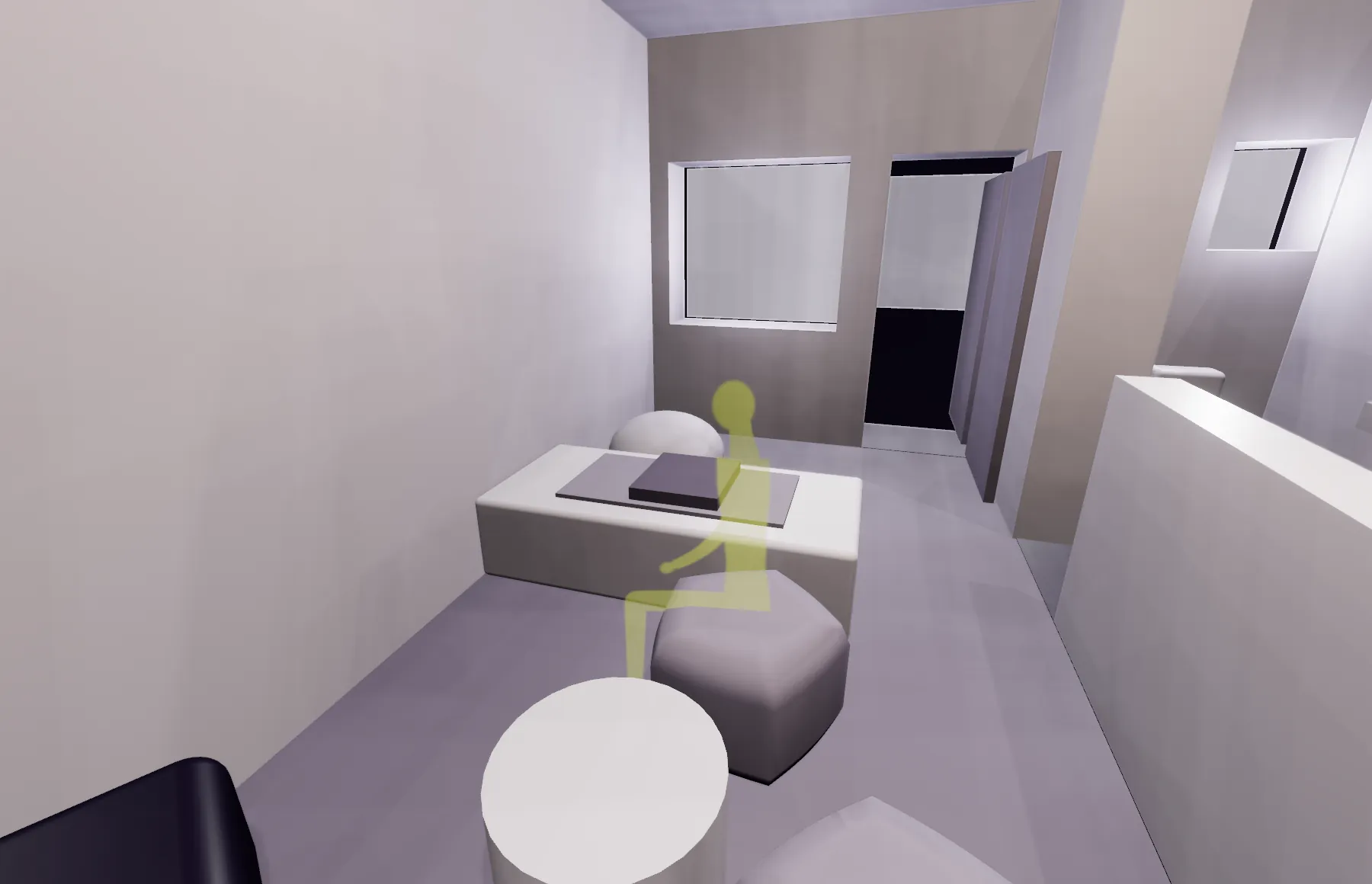 The sitting area: pouffes round a small table, a long low table and a bean bag, with the bathroom's low screen beside them.