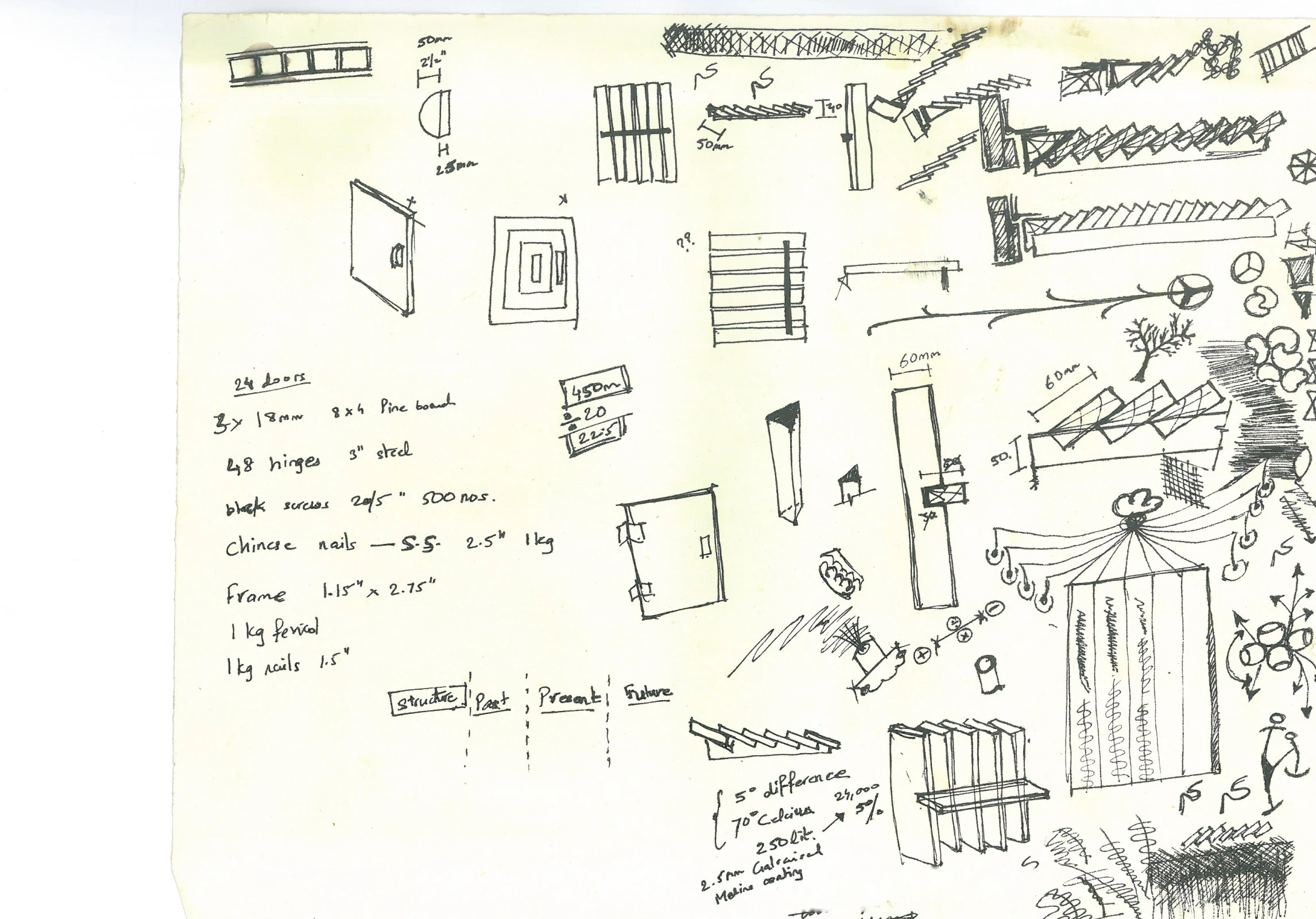 Sketches of doors, screens, frames and joinery, worked out before building.