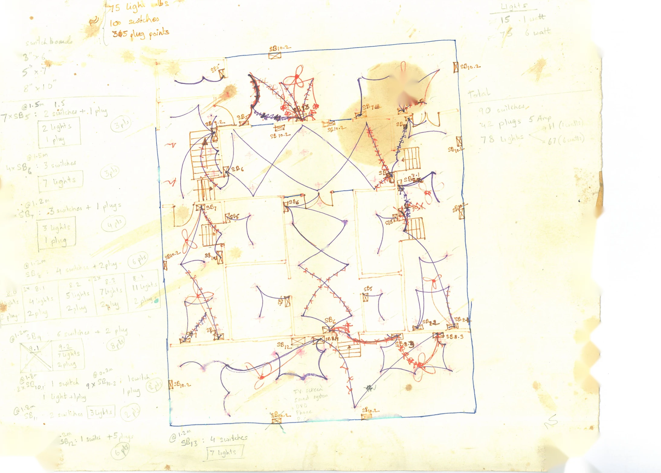 The electrical and lighting layout, drawn over the plan: switchboards, light points and plug points.