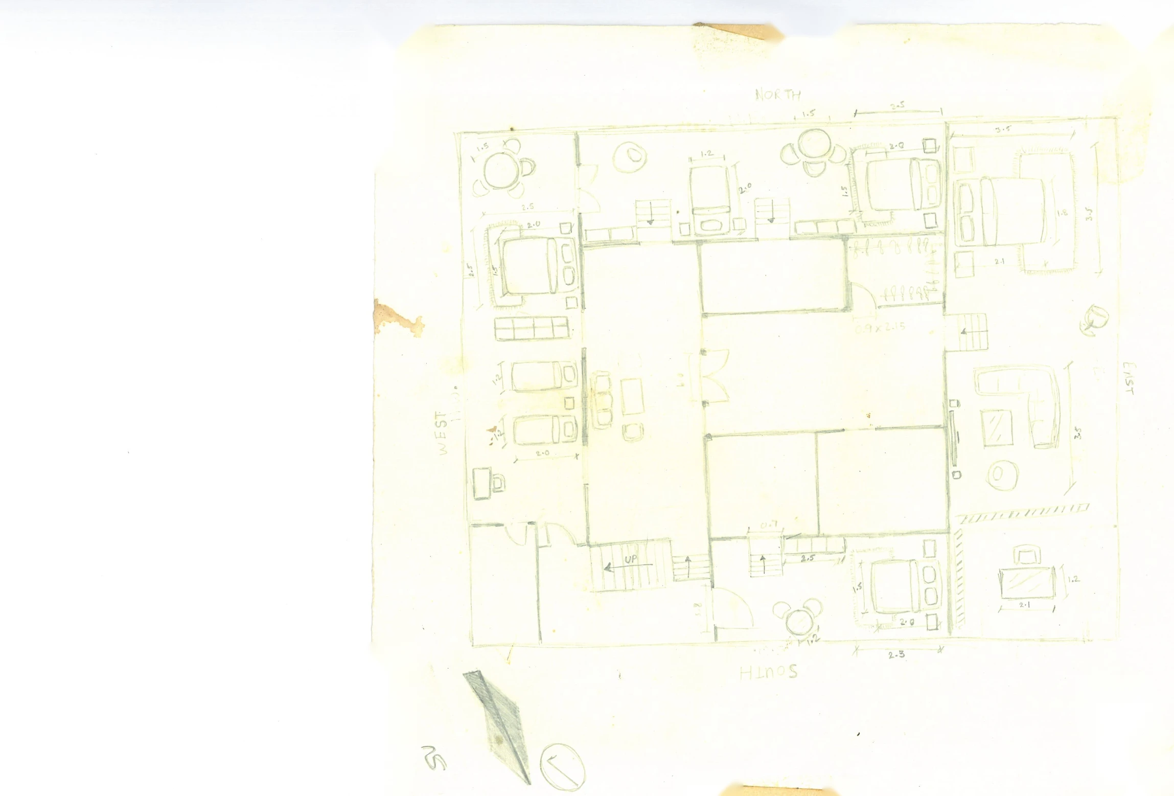 Where it began: a hand-drawn furniture plan, rooms arranged around the central courtyard.