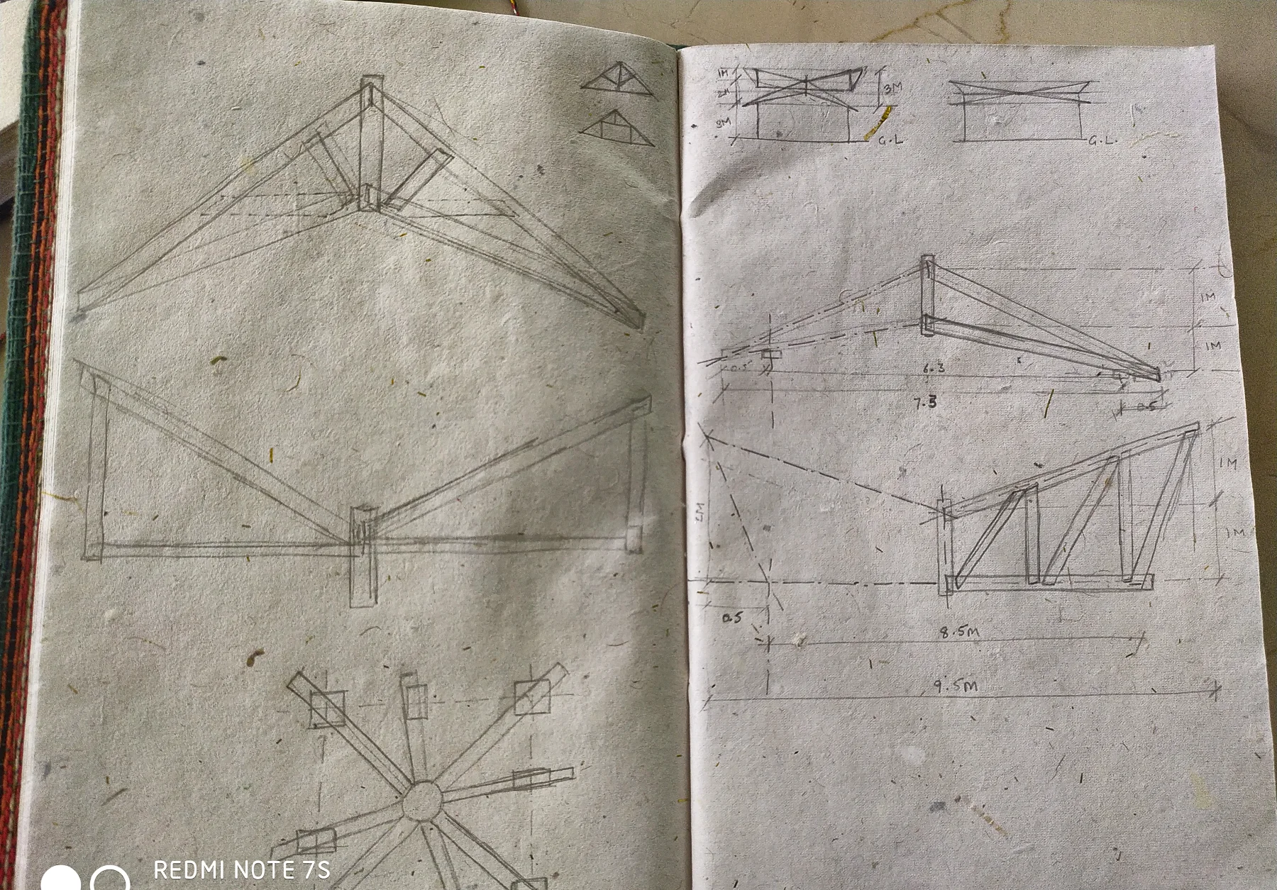 Sketchbook pages: roof trusses drawn and worked through in section.