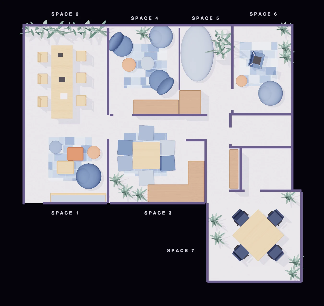 Seven spaces, each a different way to sit, think and talk: terracotta, timber and denim underfoot and at hand, with plants between.