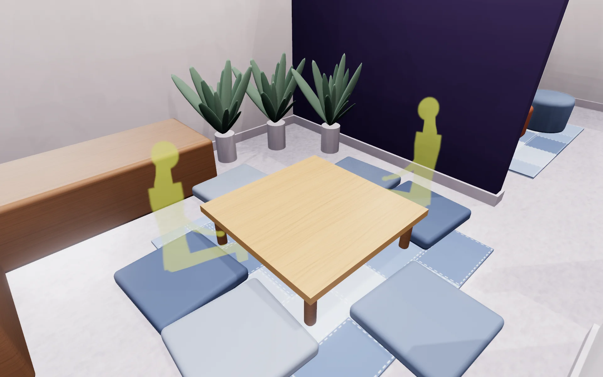 Japanese dining: sit on the floor at a low timber table for lunch, a break or an unhurried meeting, with a wooden bench along the wall.