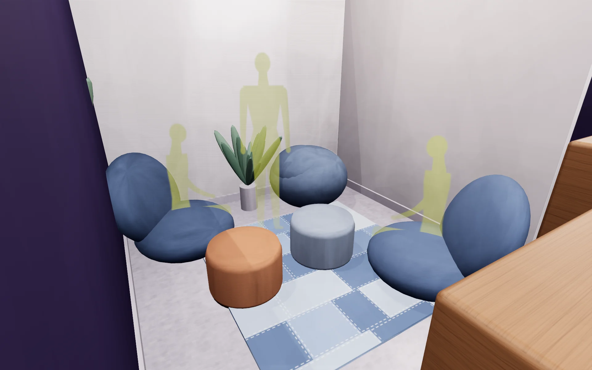 Legs up: soft denim bean chairs and pouffes on a patchwork-denim rug, for conversations that stay relaxed.