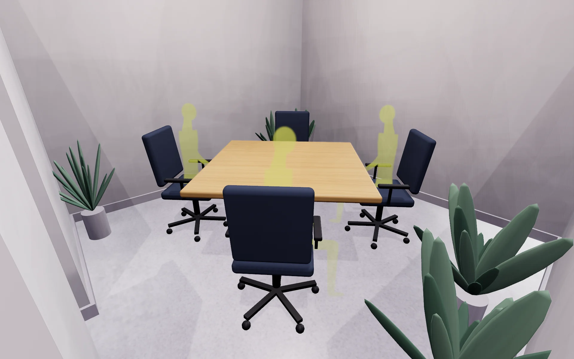 The formal workspace: a solid timber table on a terracotta base, with ergonomic chairs, for the meetings that need focus.