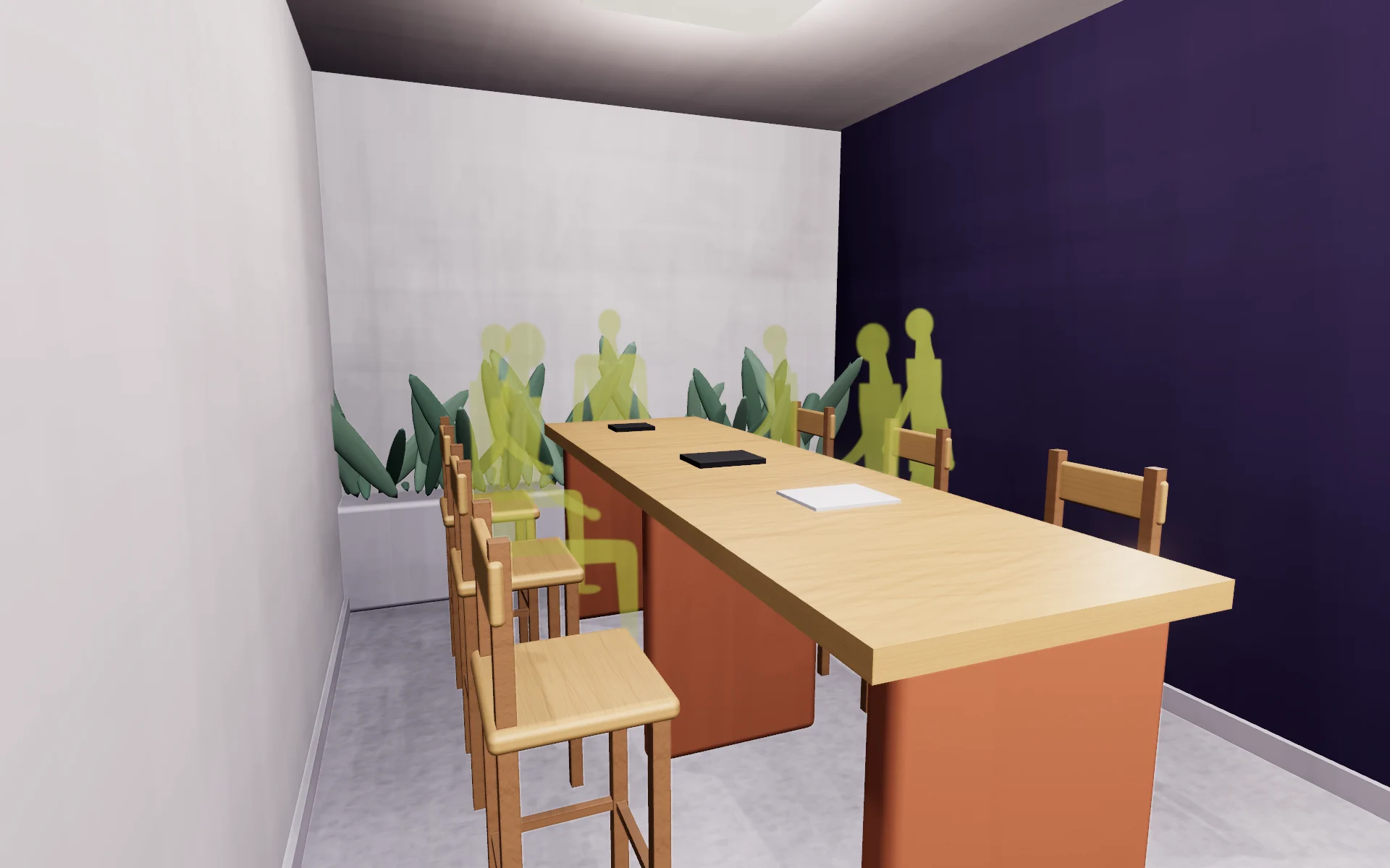 The high workstation: stand at a wood-topped desk on terracotta, or sit high on a wooden chair with a straight back. Working side by side, never stuck in one position.