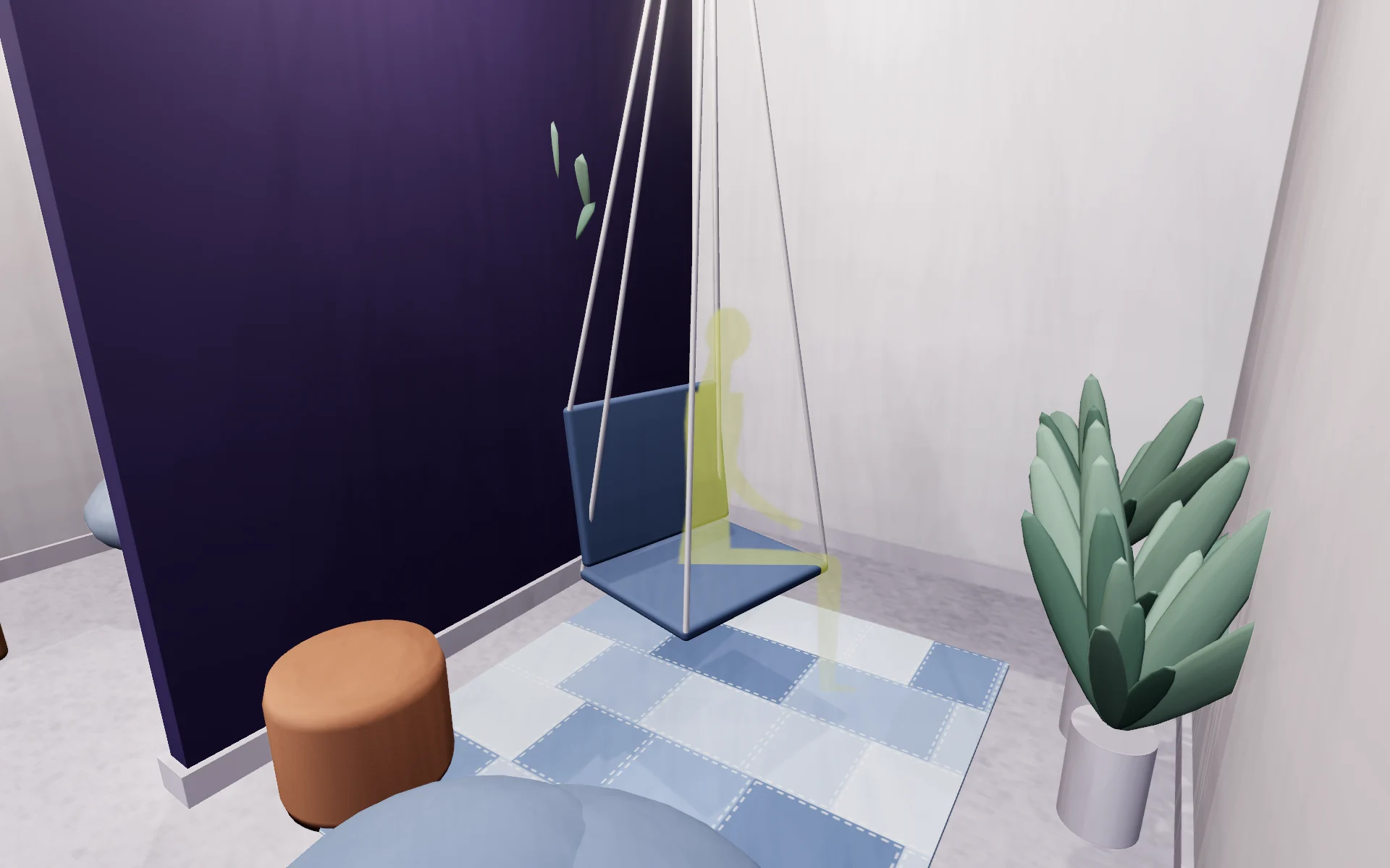 A denim swing chair, left deliberately uncushioned: a short pause, never a place to settle in. A bean bag and a pouffe beside it for a longer rest.