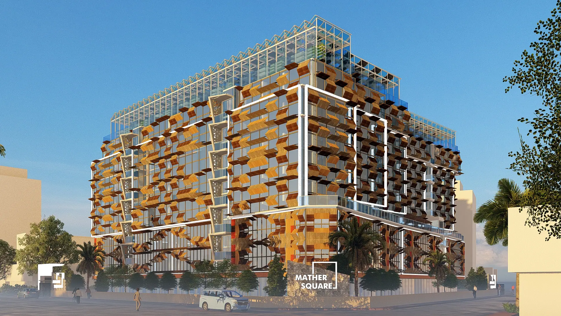 Mather Square: A retrofit of a landmark in Kochi: a timber façade that opens and closes on solar power, food courts shared through the day, and a rooftop that grows food. Honourable Mention, Mather Square Design Competition 2023.